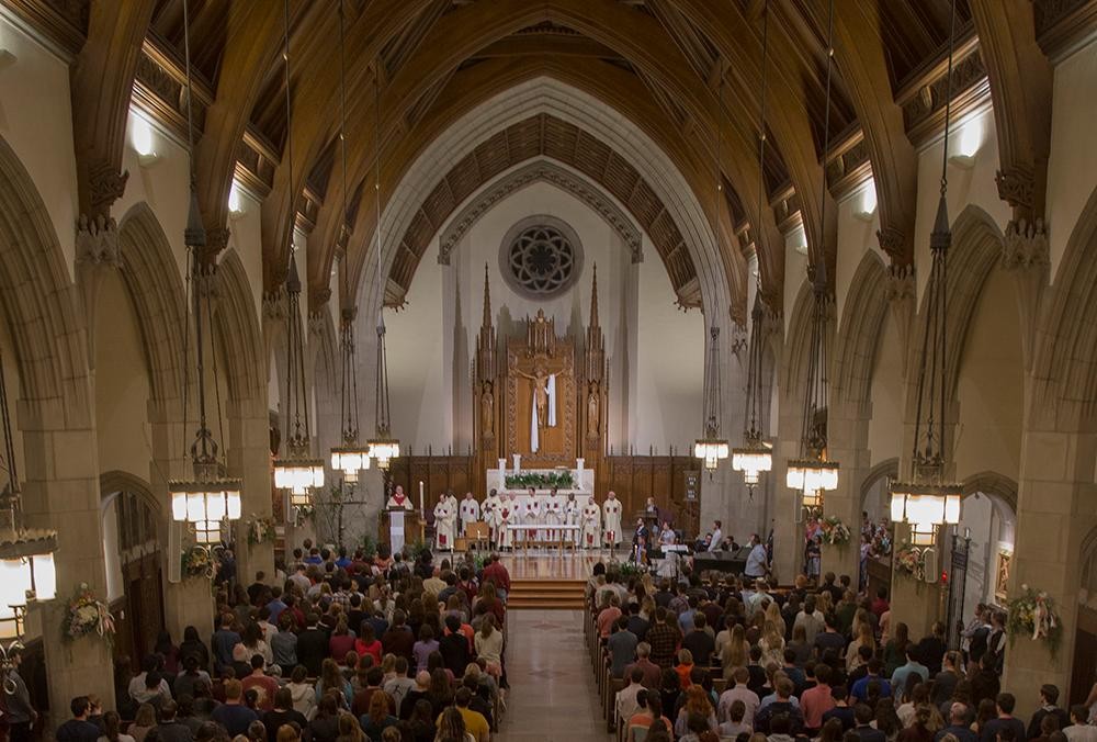 A crowded church during Mass